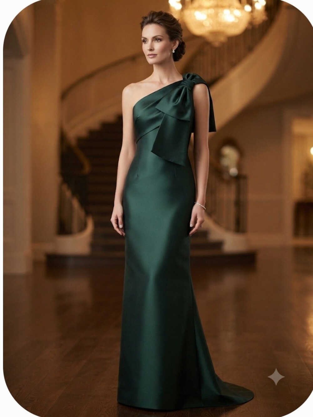 Sachin + Babi One-Shoulder Deep Emerald Satin Gown with Shoulder Bow